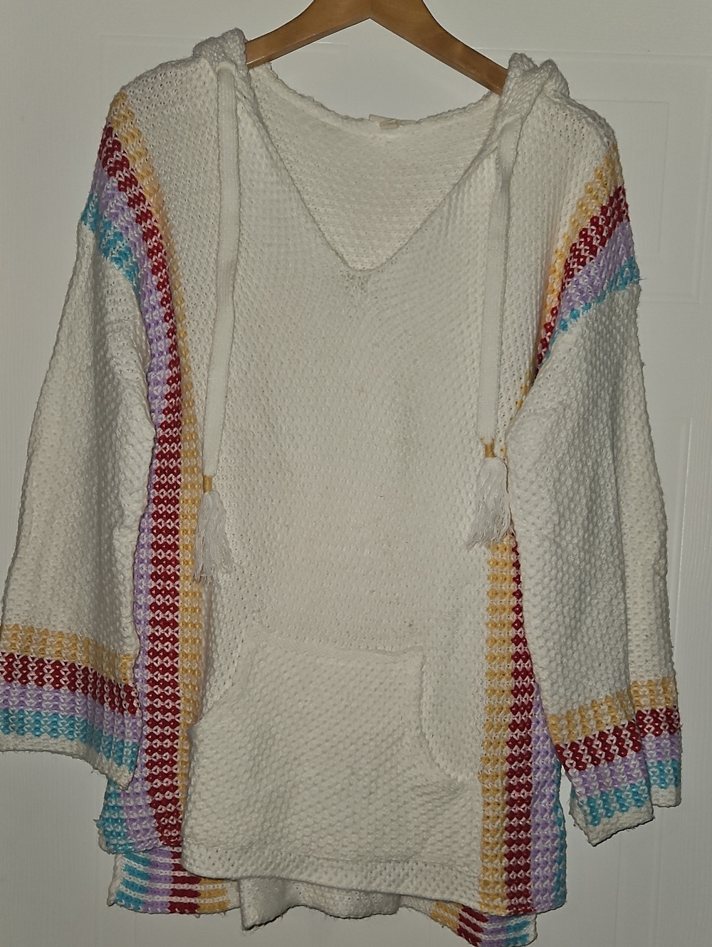 1.4.3. Story by Line Up Cream Hooded Knit Poncho with Rainbow Stripes